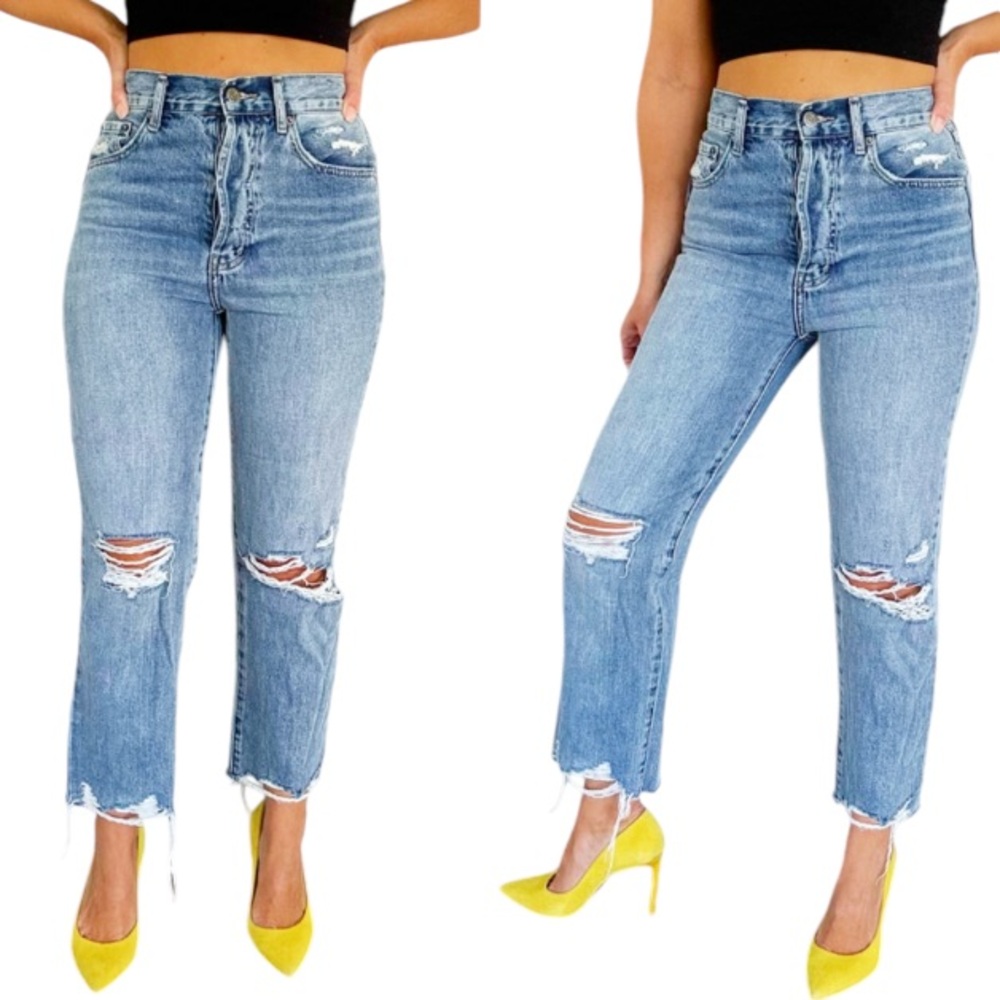Pistola light wash high rise ripped knee relaxed straight crop jeans size 26